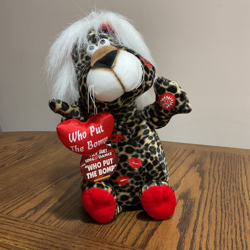 Valentine’s Day musical leopard Plush Toy Red hearts sings “who put the bomp”